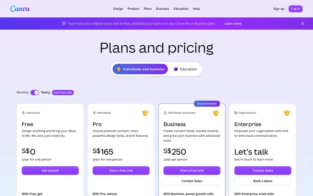 Canva pricing plans
